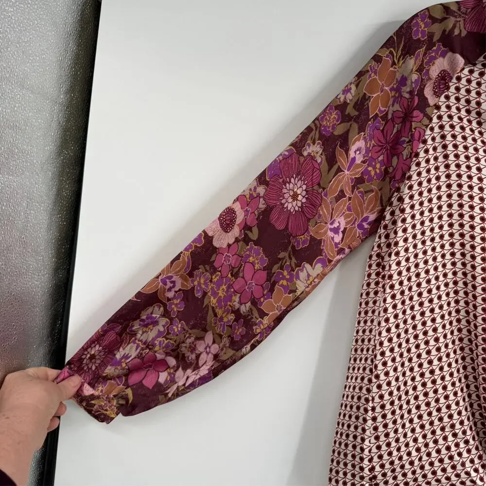 Mystree Button Up Shirt Womens S Merlot Burgundy Tie Front Mixed Floral Boho - Picture 8 of 13